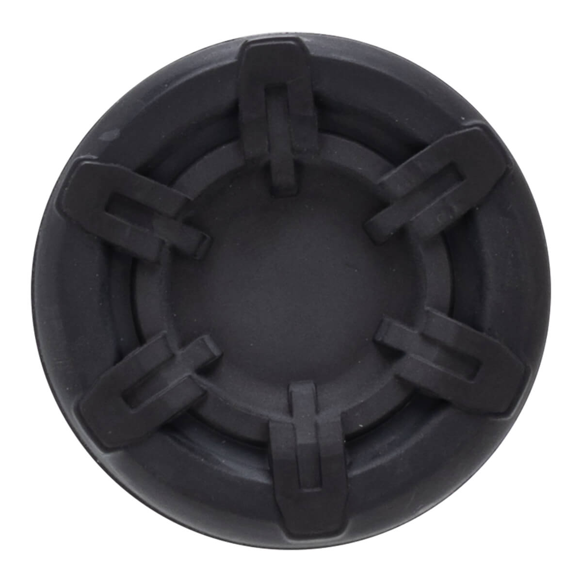 Top-down view of a black circular cap with five raised, rectangular protrusions arranged around a central circular area.