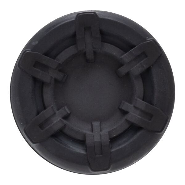 Top-down view of a black circular cap with five raised, rectangular protrusions arranged around a central circular area.
