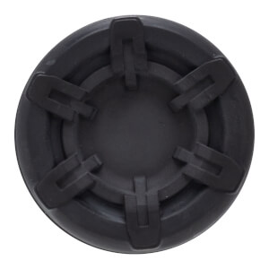 Top-down view of a black circular cap with five raised, rectangular protrusions arranged around a central circular area.