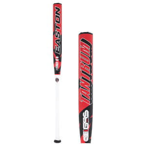 Two side views of a red, black, and white slow pitch softball bat with EASTON and TANTRUM branding and a white handle.