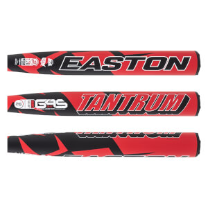Sections of a red and black softball bat barrel with EASTON and TANTUM branding and geometric patterns.