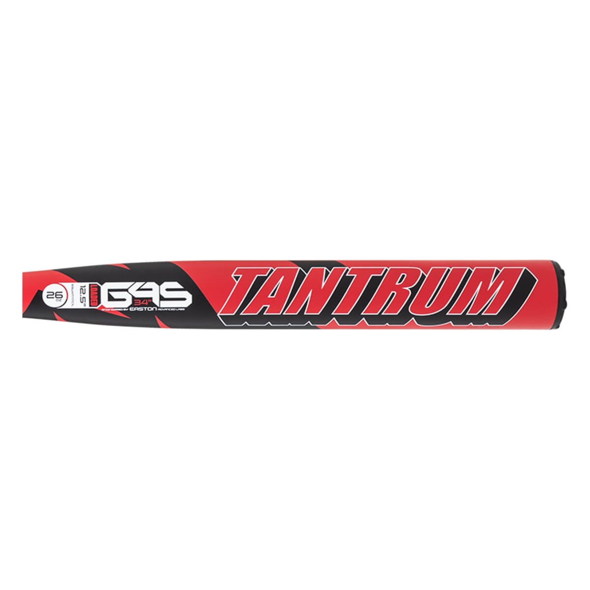 Side view of a red and black Easton softball bat barrel with TANTRUM text, GAS logo, and 26 weight.