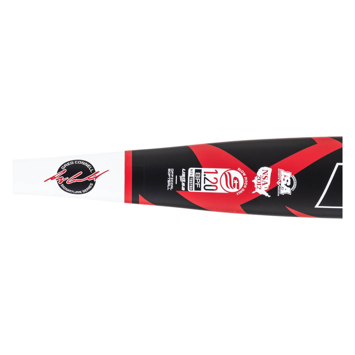 Mid-section view of black and red softball bat with GREG CONNELL signature, red geometric patterns, and USSSA stamp.