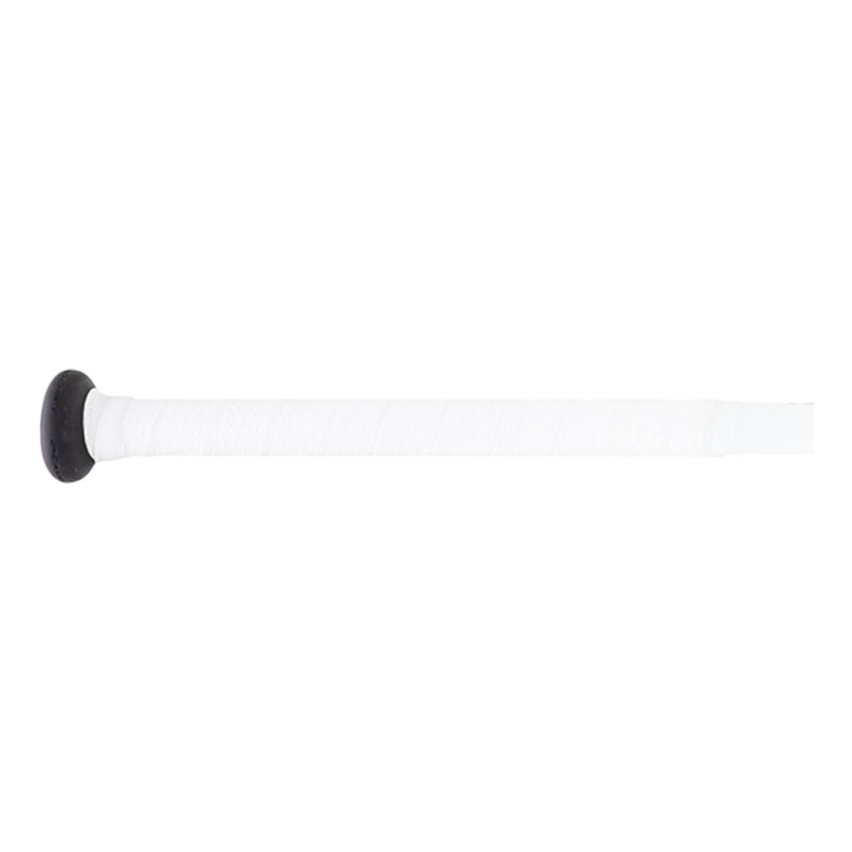 Side view of a white bat with a black knob, white grip, and a white cylindrical body extending horizontally.