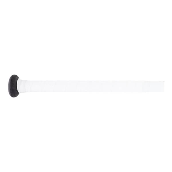 Side view of a white bat with a black knob, white grip, and a white cylindrical body extending horizontally.