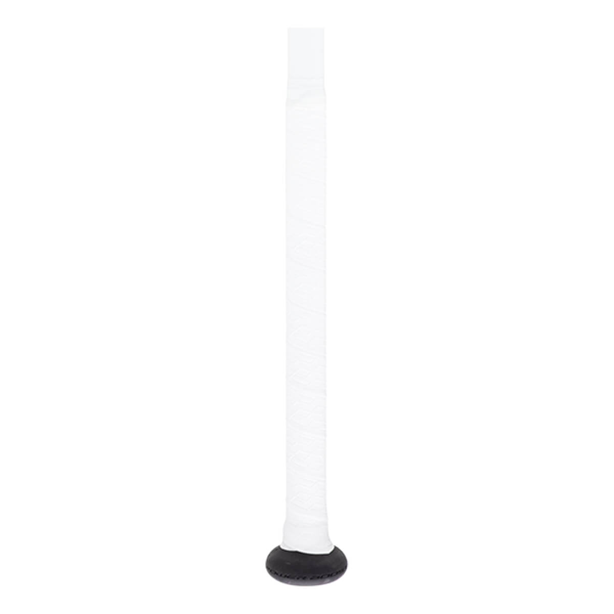 Close-up of a white softball bat handle with textured grip tape and a black knob.