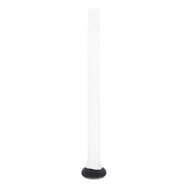 Close-up of a white softball bat handle with textured grip tape and a black knob.