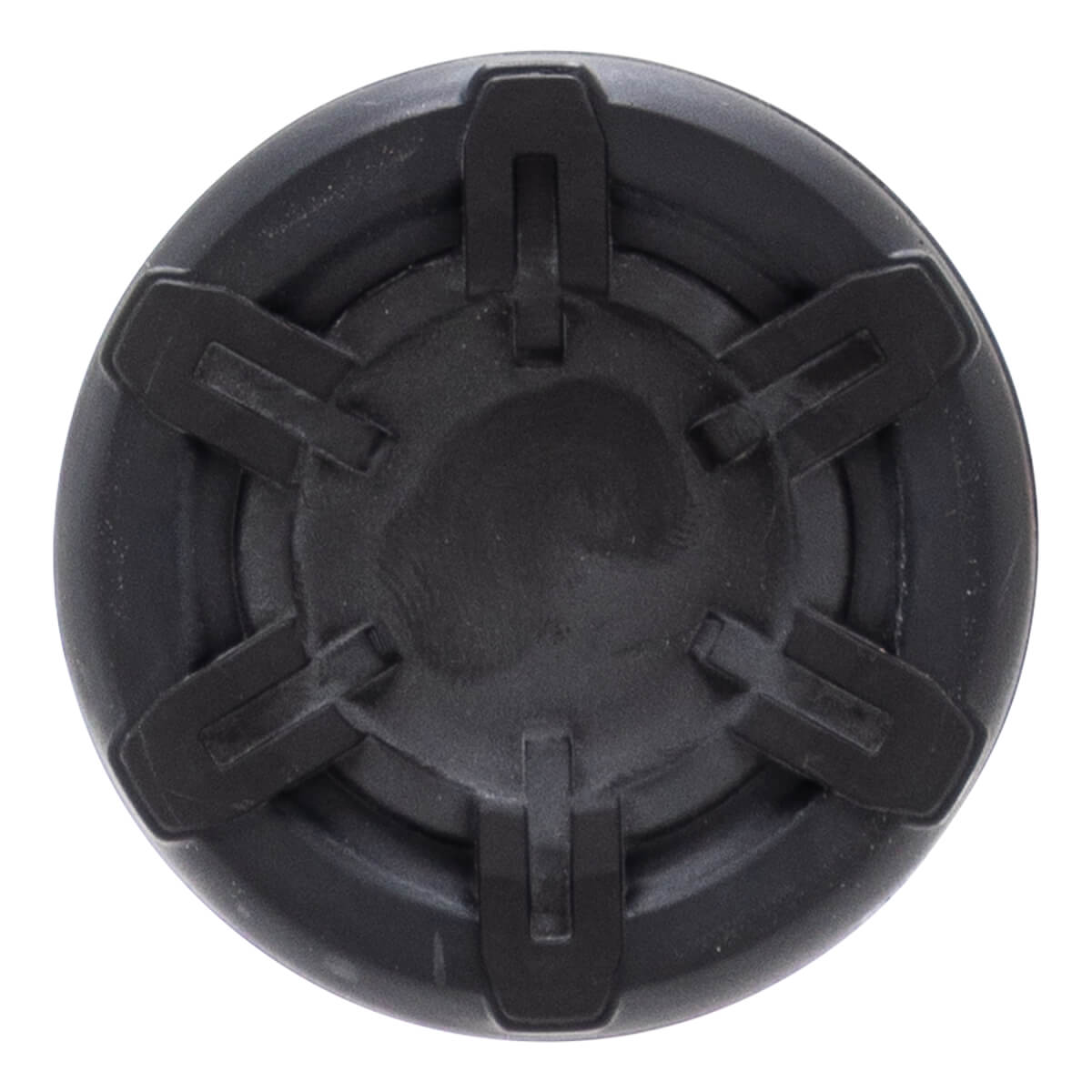 Top-down view of a black bat end cap with six raised radial segments and a central circular indentation.