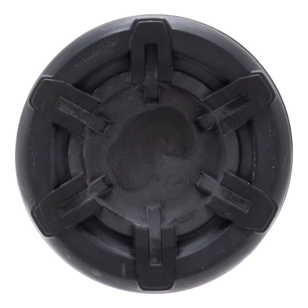 Top-down view of a black bat end cap with six raised radial segments and a central circular indentation.