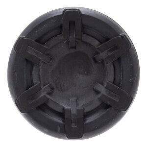 Top-down view of a black bat end cap with six raised radial segments and a central circular indentation.