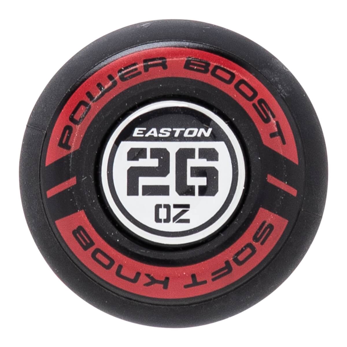 Top-down view of a black bat knob with red accents, showing EASTON 26 OZ in the center and POWER BOOST SOFT KNOB text.