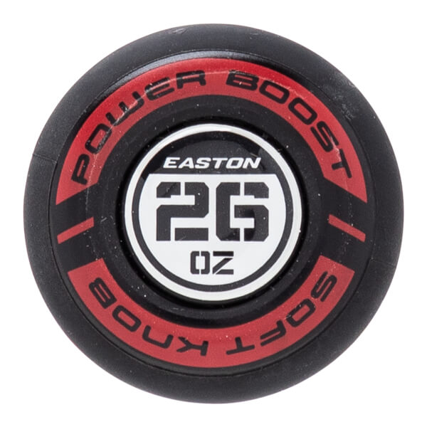 Top-down view of a black bat knob with red accents, showing EASTON 26 OZ in the center and POWER BOOST SOFT KNOB text.