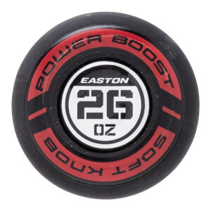 Top-down view of a black bat knob with red accents, showing EASTON 26 OZ in the center and POWER BOOST SOFT KNOB text.