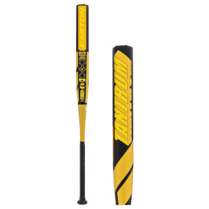 Side view of a black and gold slow pitch bat with EASTON on the handle, plus a close-up of the TANTRUM barrel.