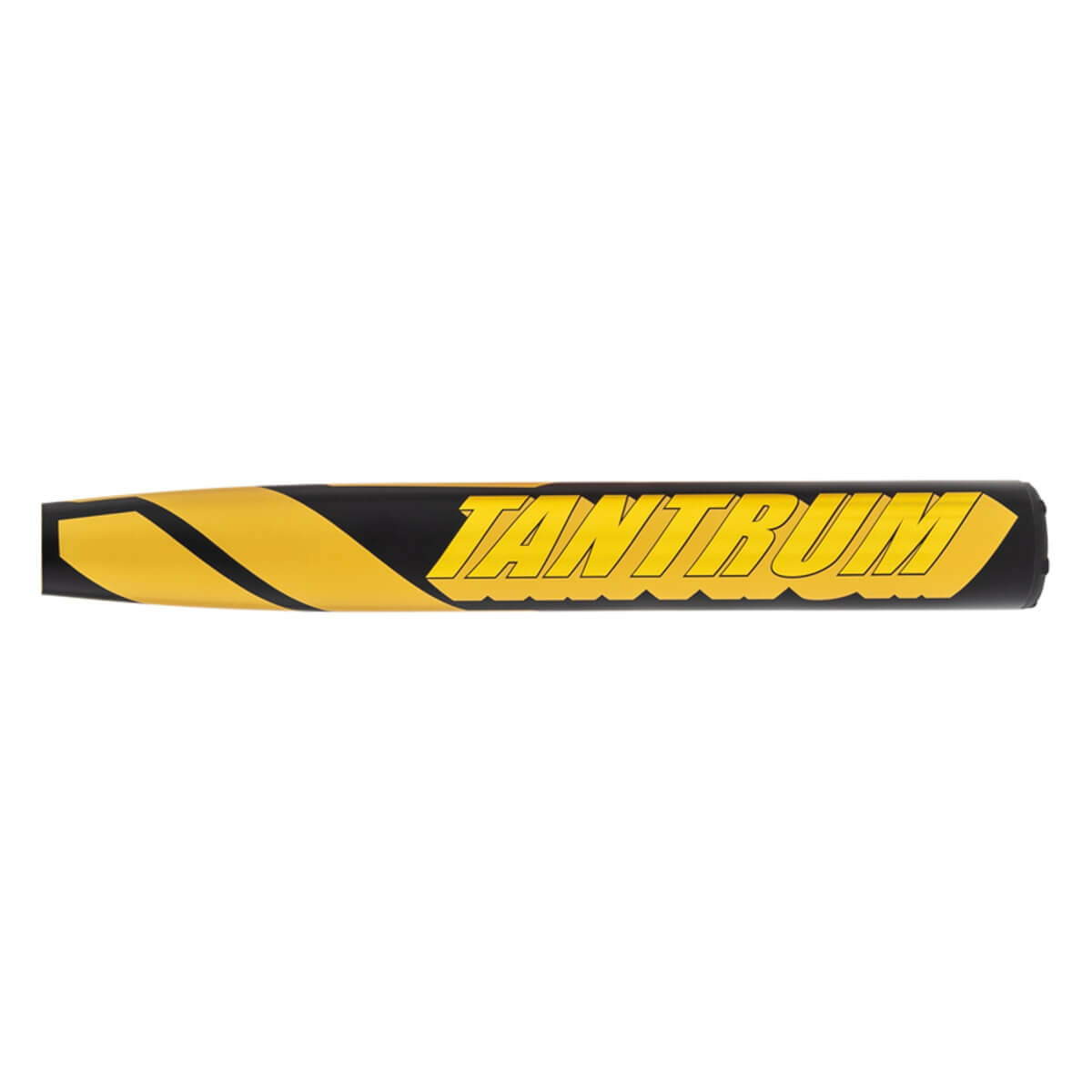 Side view of a black and yellow softball bat barrel with TANTRUM text and diagonal stripes.
