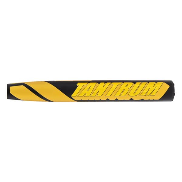 Side view of a black and yellow softball bat barrel with TANTRUM text and diagonal stripes.