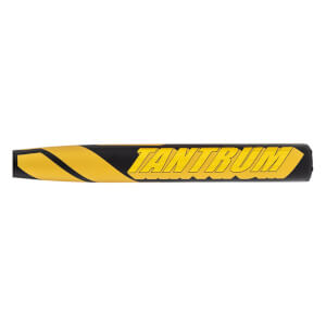 Side view of a black and yellow softball bat barrel with TANTRUM text and diagonal stripes.