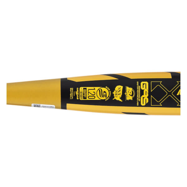 Close-up of a gold and black Easton softball bat with GAS logo, NSA 2012, and 1.20 BPF certifications.