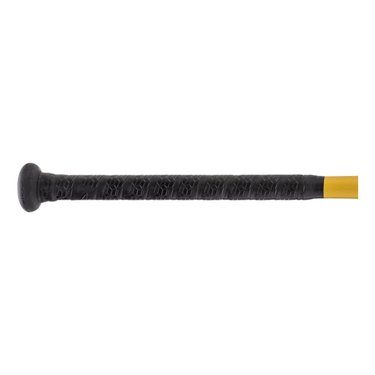 Side view of a black softball bat grip with a textured pattern, knob, and transition to a yellow shaft.