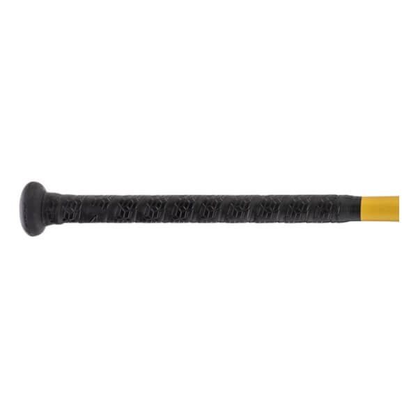Side view of a black softball bat grip with a textured pattern, knob, and transition to a yellow shaft.
