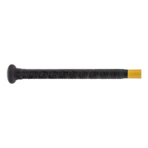 Side view of a black softball bat grip with a textured pattern, knob, and transition to a yellow shaft.