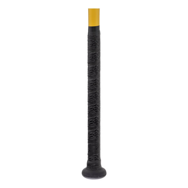 Close-up of a black and yellow softball bat with a textured black grip, a black knob, and a yellow shaft.