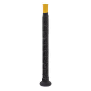 Close-up of a black and yellow softball bat with a textured black grip, a black knob, and a yellow shaft.