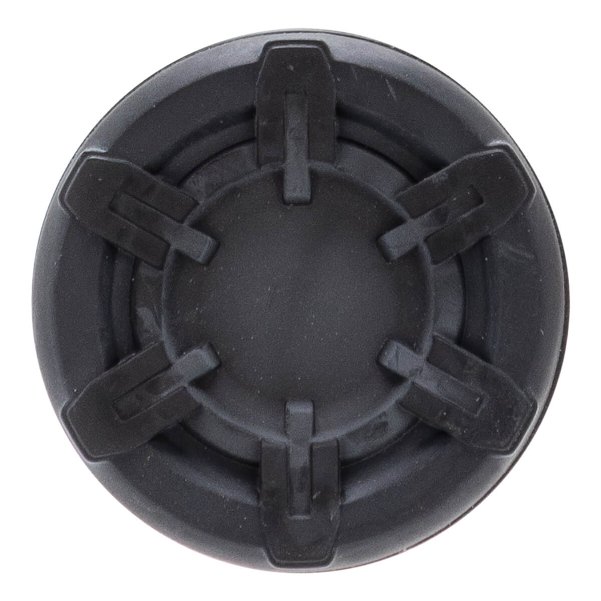 Top-down view of a black softball bat end cap with five raised radial fins and a central circular depression.