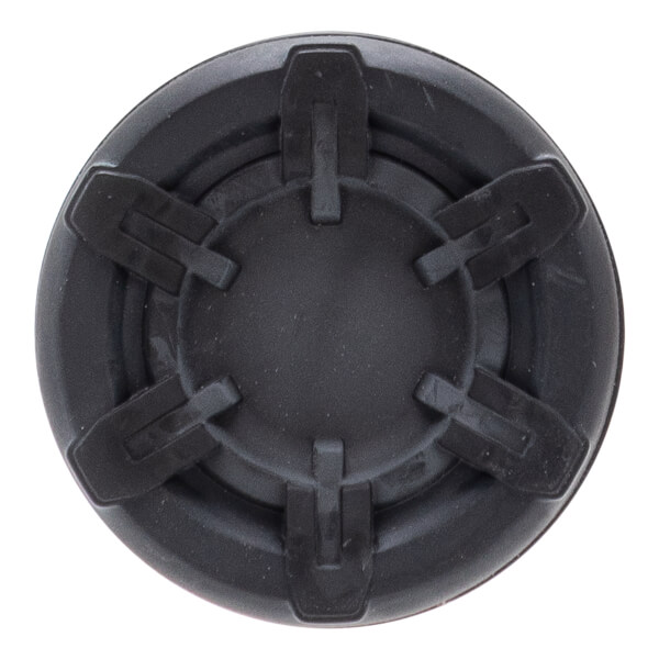 Top-down view of a black softball bat end cap with five raised radial fins and a central circular depression.