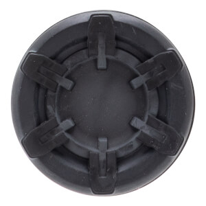 Top-down view of a black softball bat end cap with five raised radial fins and a central circular depression.
