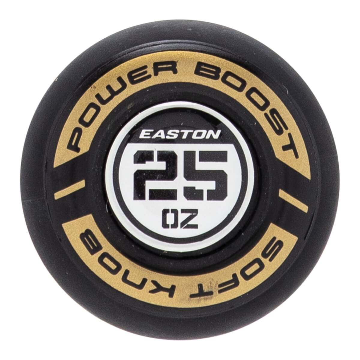 Top-down close-up of a black and gold softball bat end cap with EASTON logo, 25 OZ weight, and POWER BOOST SOFT KNOB text.