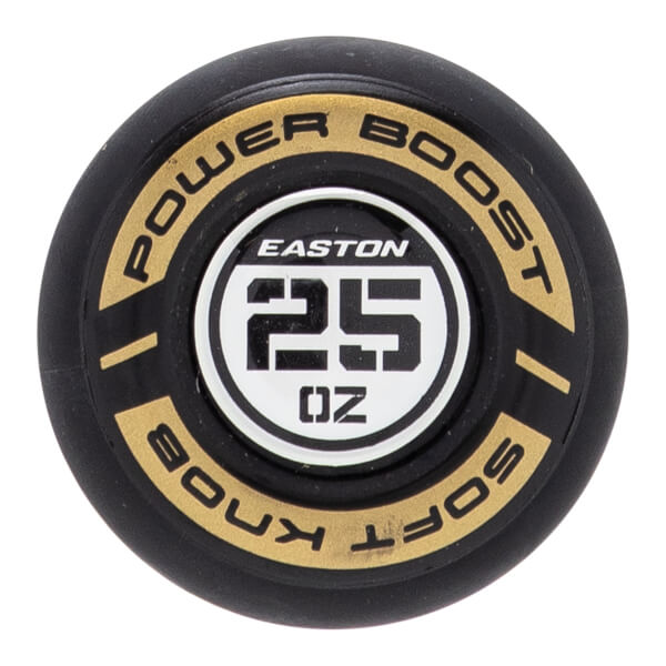 Top-down close-up of a black and gold softball bat end cap with EASTON logo, 25 OZ weight, and POWER BOOST SOFT KNOB text.