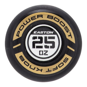 Top-down close-up of a black and gold softball bat end cap with EASTON logo, 25 OZ weight, and POWER BOOST SOFT KNOB text.
