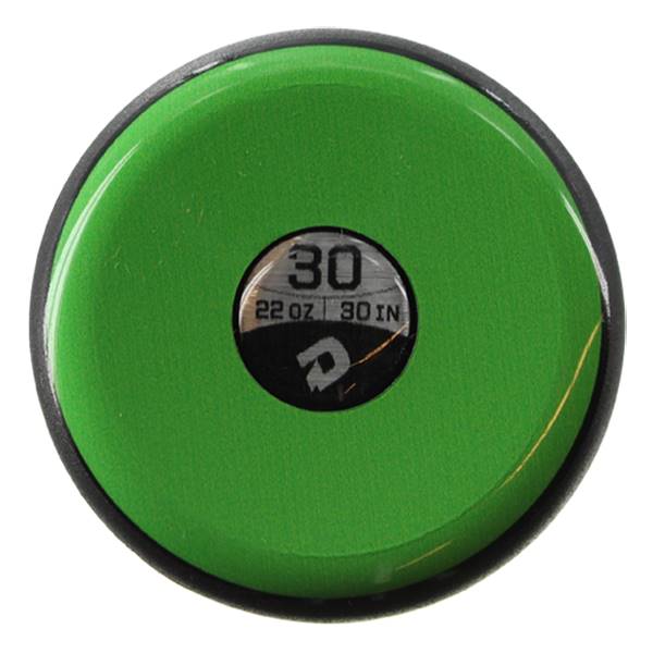 End view of a green baseball bat with a black rim, showing 30, 22 OZ, 30 IN, and a DeMarini logo.