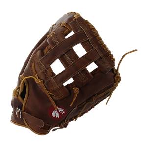 Side view of a brown baseball glove with a webbed pocket and a red leaf logo.