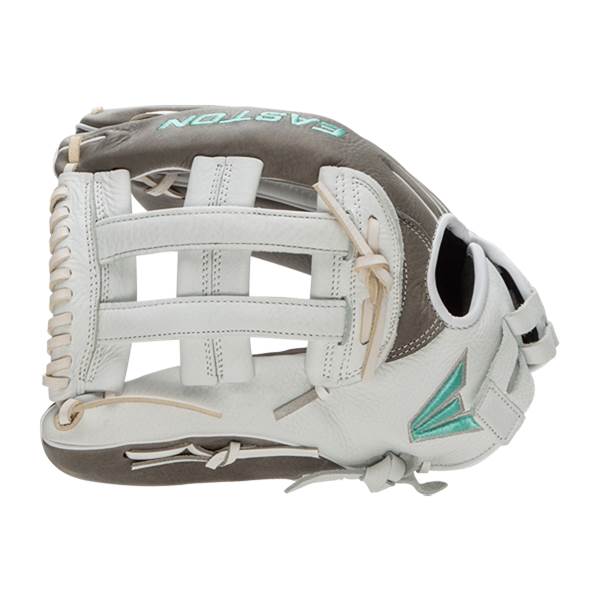 Side view of a white and gray fastpitch softball glove with a white H-web, teal Easton logo, and EASTON text.