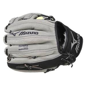 Front view of a gray and black youth baseball glove with Mizuno branding and SureFit Foam detail.
