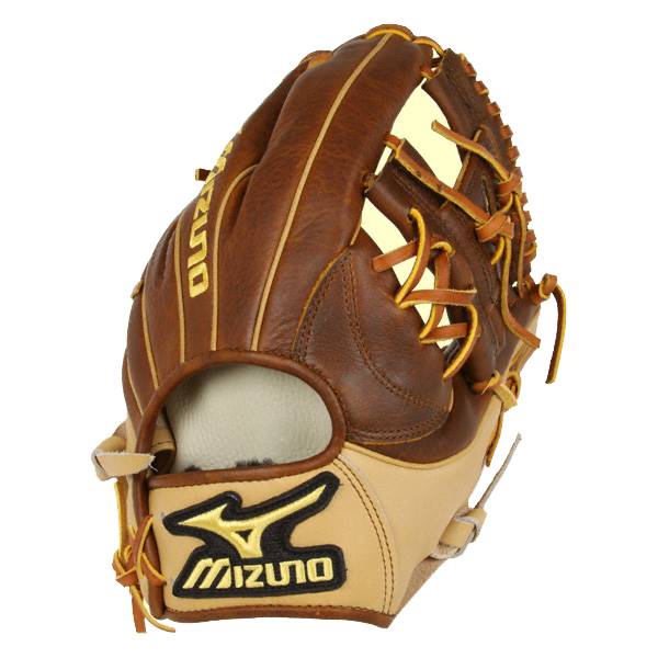 Side view of a brown and tan baseball glove with yellow lacing and a Mizuno logo.