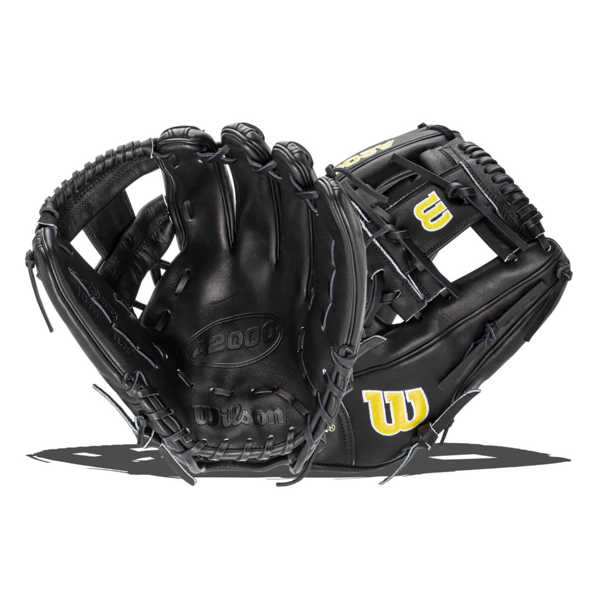 Front and back view of a black baseball glove featuring yellow W logos and A2000 and Wilson text stamped on the palm.