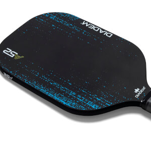 Top-down view of a black Diadem A52 pickleball paddle with blue speckle accents and white branding.