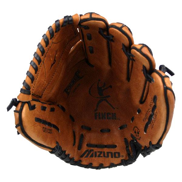 Interior view of a brown Mizuno Finch fastpitch glove with black lacing and visible branding.