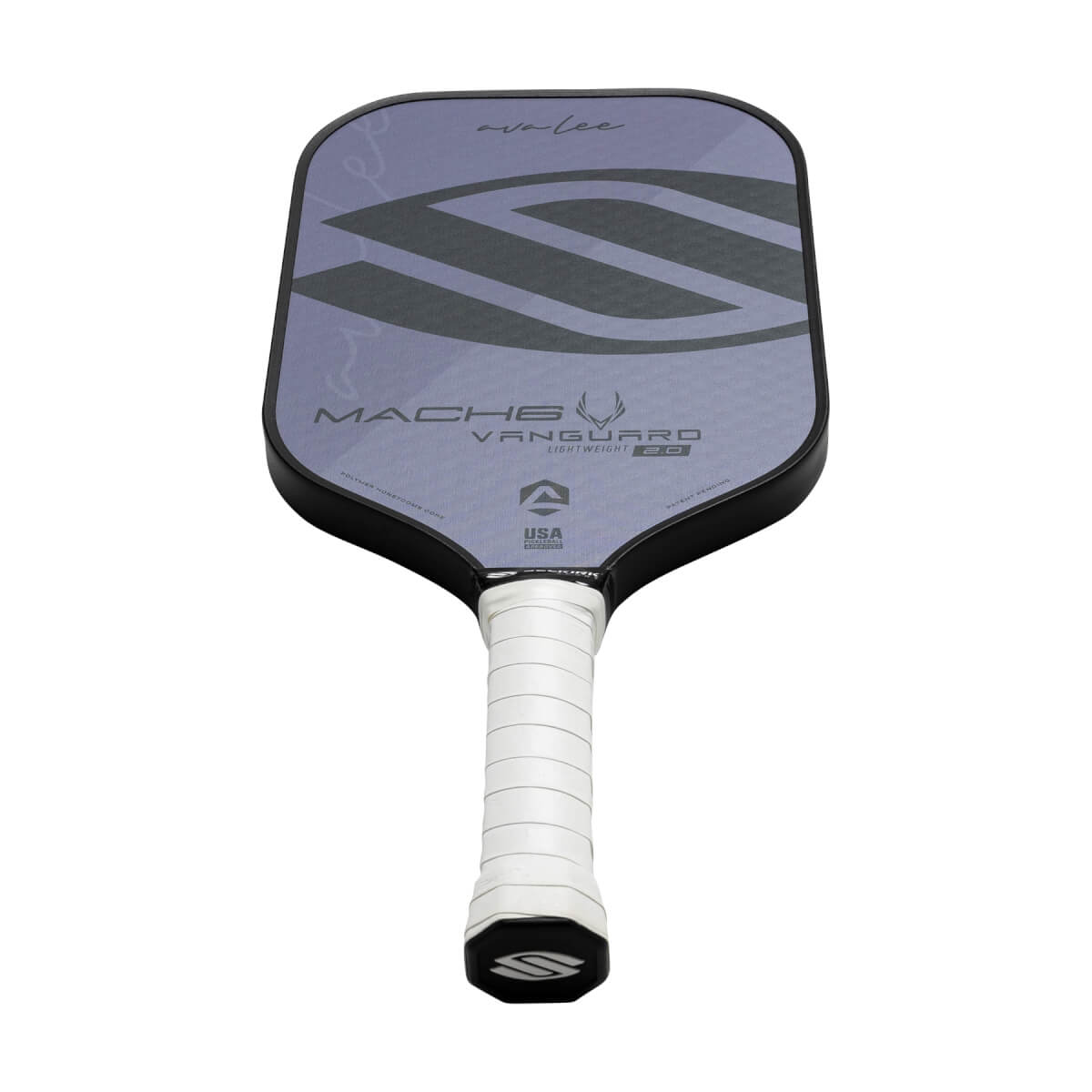 Front view of a gray pickleball paddle with AvaLee and VANGUARD 2.0 MACH6 text.