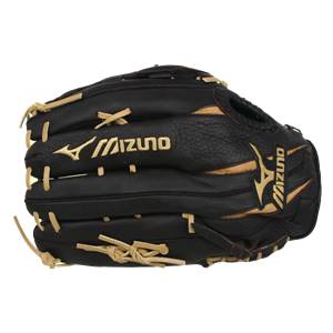 Side view of a black Mizuno baseball glove with gold stitching and branding.