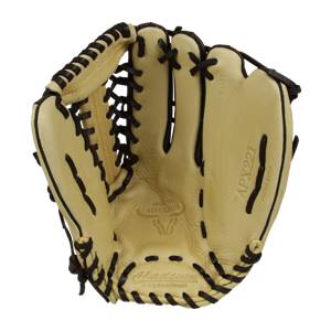 Front view of a tan baseball glove with black lacing, APX221 text, and Akadema Professional branding.