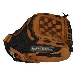 Top-down view of a brown baseball glove with a checkered pocket and GENESIS 1884 branding.