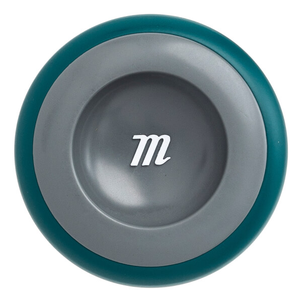 Top-down view of a teal and gray baseball bat with a white m logo.