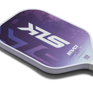Corner view of a purple pickleball paddle with white SLK logo and EVO CONTROL XL 2.0 text.
