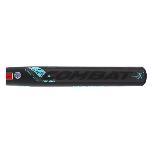 Side view of a black COMBAT softball bat with blue lettering and a signature.