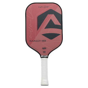 Front view of a red pickleball paddle with avalee script, MACH6 text, and a large black geometric design.