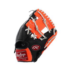 Front view of a black and orange baseball glove with white lacing and a red Rawlings logo.